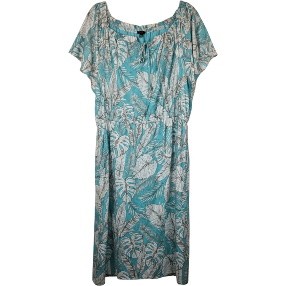 Talbots Plus Womens 16W Tropical Palm Leaf Midi Dress Turquoise Short Sleeve